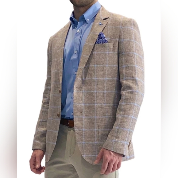 Tailorbyrd LT OLIVE‎ Men's Khaki/Blue Textured Windowpane Sport Coat US 46L EUC - Picture 1 of 15